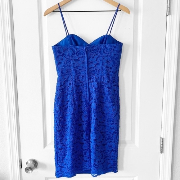 DAVID’S BRIDAL Floral Lace Ruched Dress Horizon Blue Bridesmaid Cocktail - Picture 2 of 11